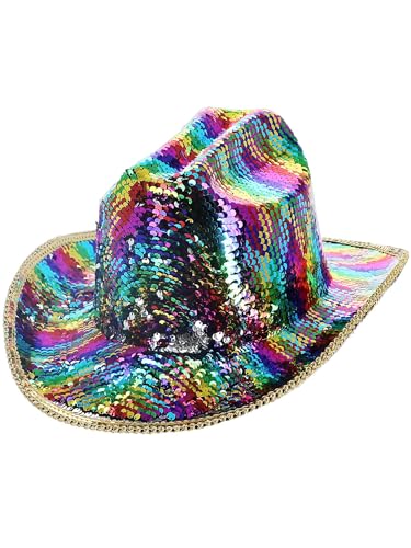 Rainbow sequin cowboy hat with gold trim, isolated on white.