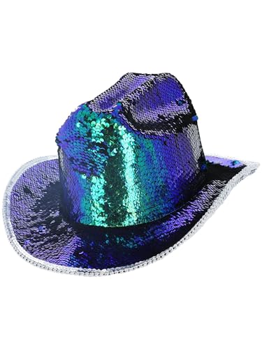 Iridescent green sequin cowgirl hat with a silver trim.