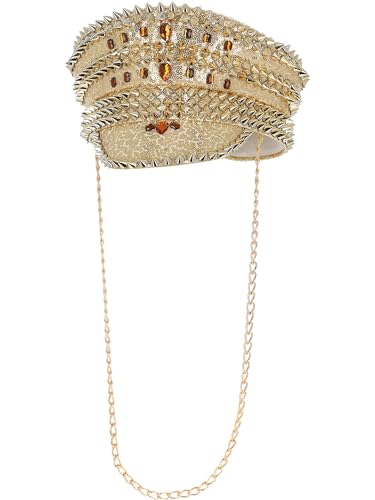 Gold captain's hat with sequins and studs, featuring a chin strap chain.
