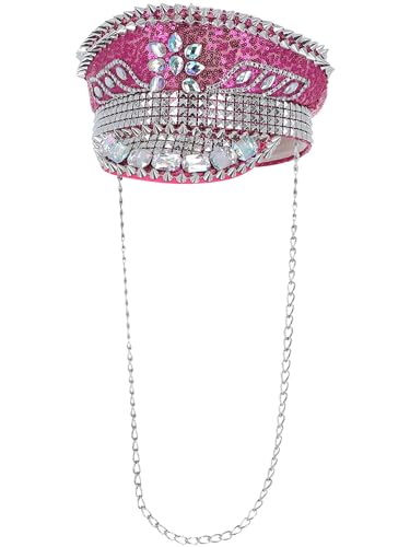 Hot pink sequin captain’s hat with silver studs and a chin strap.