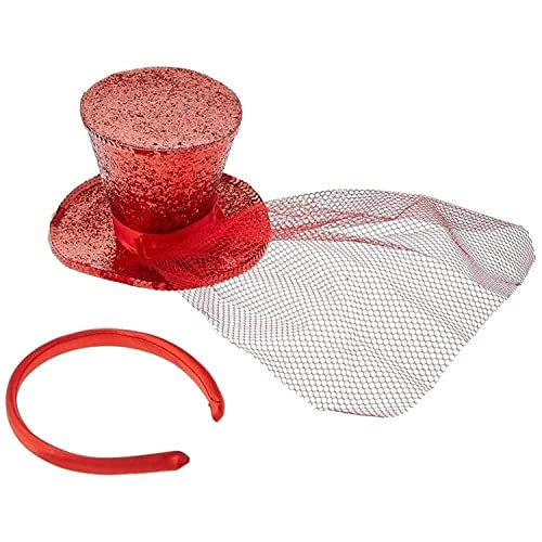 Red glitter mini top hat with veil on a headband.