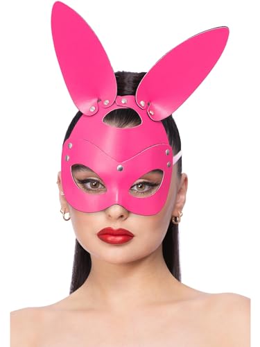 Bright pink mock leather rabbit mask with eye and mouth openings.