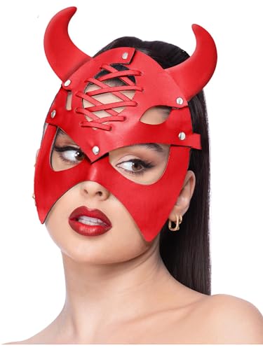 Red devil mask with curved horns and lace-up detailing.