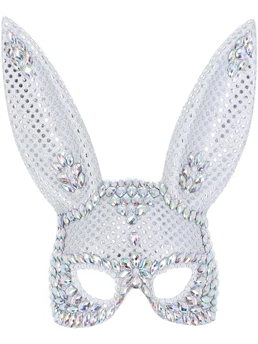 Silver bunny mask covered in sparkling rhinestones and sequins.