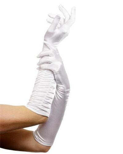 Pair of long white satin opera gloves worn on arms against white background.