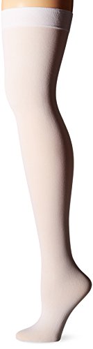 A woman's legs in white stockings and red high heels on white steps.