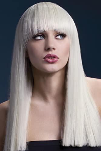 Long, straight blonde wig with bangs on a mannequin head.