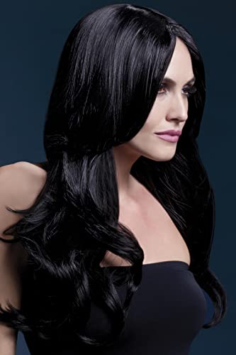 Woman modeling a long, wavy, black wig with a centre parting.