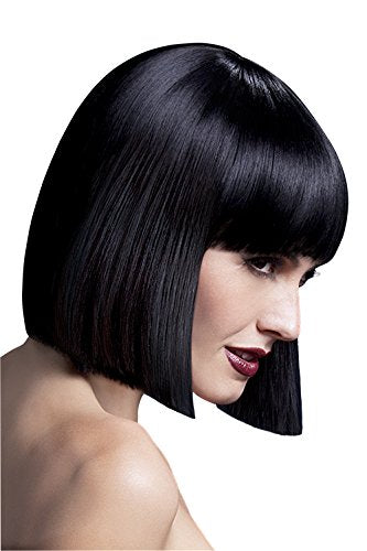 Black bob wig with blunt cut and bangs, shown on a model.