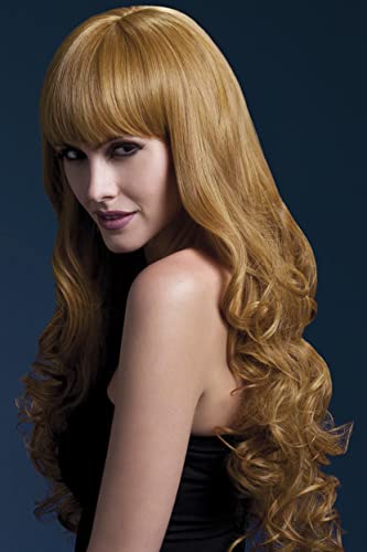 Long auburn wig with bangs, styled in loose curls, on a model.