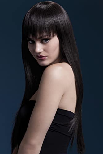 Woman with long, straight brown hair and blunt bangs, wearing a black top.