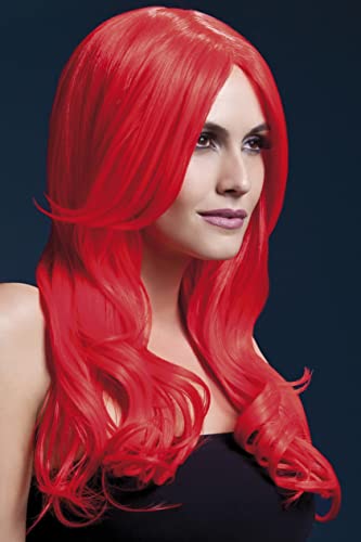 Woman modeling a long, wavy, neon red wig.
