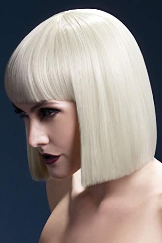 Blonde bob wig with bangs modeled on a person’s head.