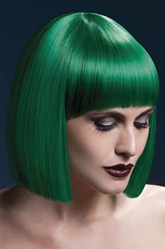 Woman modeling a short, bright green bob wig with blunt bangs.