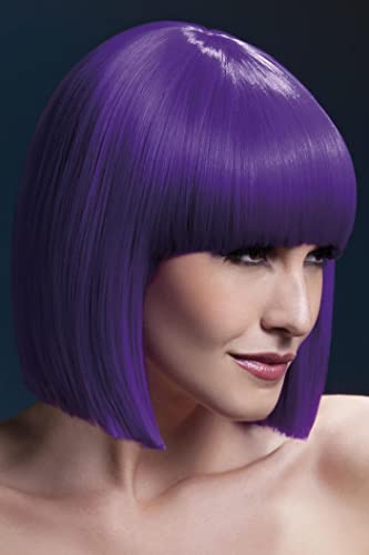 Woman modeling a short, straight, purple bob wig with bangs.