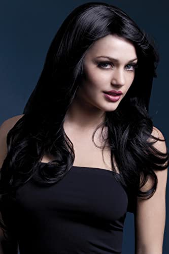 Woman modeling a long, wavy, black wig with a side part.
