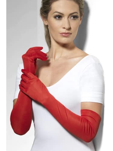 Woman modeling long, red gloves reaching to the elbow.
