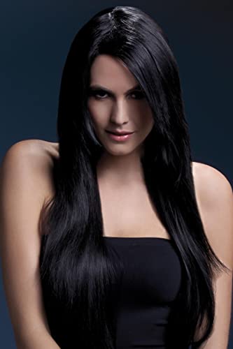 Woman modeling a long, straight black wig with feathered bangs.