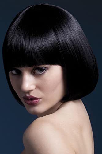 Black bob wig with blunt bangs, modeled on a woman.