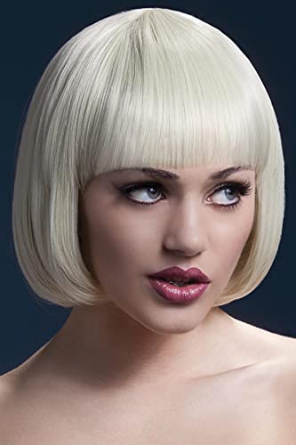Blonde bob wig with bangs, styled on a mannequin head.