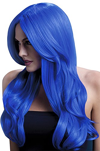 Long, wavy neon blue wig with a centre parting, worn by a model.