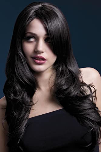 Woman wearing a long, wavy, dark brown wig with side bangs.