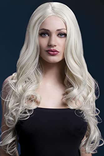 Woman wearing a long, wavy, blonde wig with a center part.