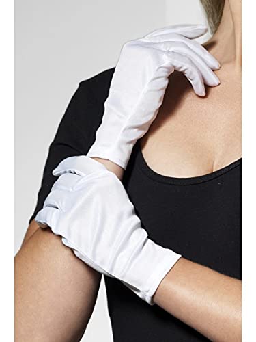 White, short gloves worn on a person’s hands and arms.