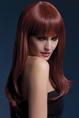 Auburn long wig with bangs, worn by a woman facing right.