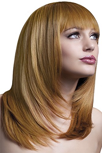 "Woman wearing a shoulder-length, auburn wig with straight bangs against a dark background."