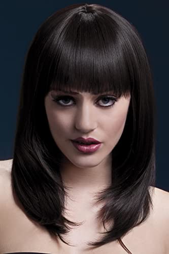 Model wearing a long, dark brown wig with straight bangs and layered ends.