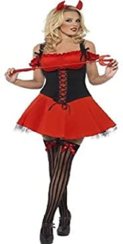 Woman in a red and black devil costume with horns and pitchfork.