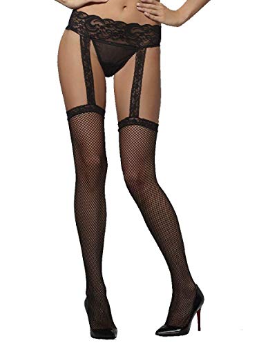 Black fishnet hold-ups and lace suspender belt worn on legs.