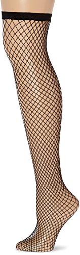 Black fishnet hold-up stockings on a person's leg.