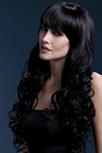 Woman modeling a long, black, curly wig with bangs.