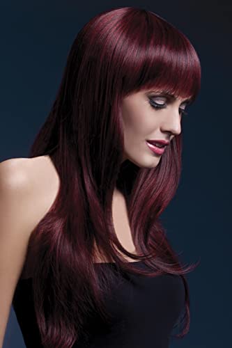 Woman modeling a long, cherry-red wig with straight bangs.