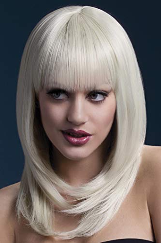 Medium length blonde wig with bangs, worn on a mannequin head.