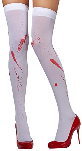 White thigh-high stockings with red blood splatter print, worn with red high heels.