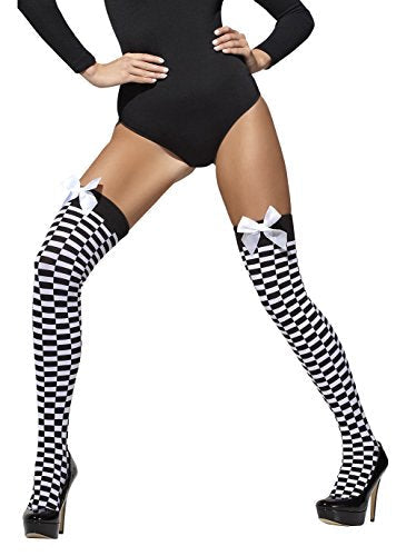 Black and white checkered hold-ups with white bows, worn with heels.
