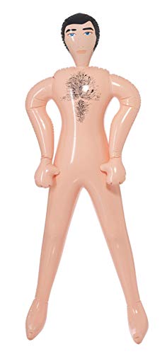 Full-length view of an inflatable male doll with chest hair and black hair.