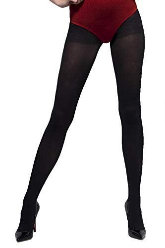 Black opaque tights worn with black heels on a white background.