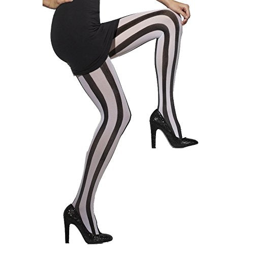 A woman wearing black and white vertically striped tights and black high heels.