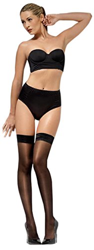 A woman's legs wearing black stockings and high heels, standing against a white wall.