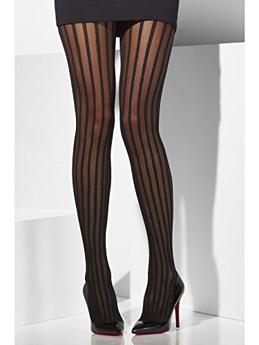 Black sheer tights with vertical stripes, worn with black high heels.