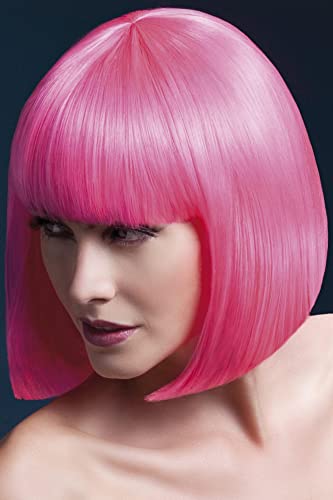Woman modeling a sleek, neon pink bob wig with bangs.