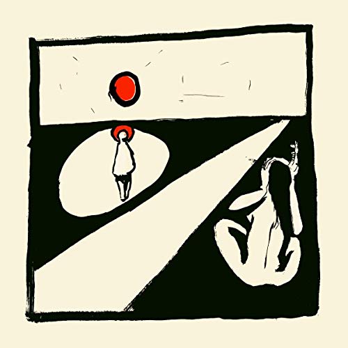 Abstract black and white illustration with red accents of figures and a circle.