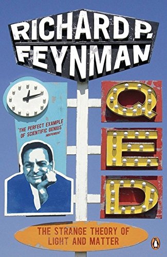 "Book cover with 'QED' signpost and Richard P. Feynman's image on blue background."