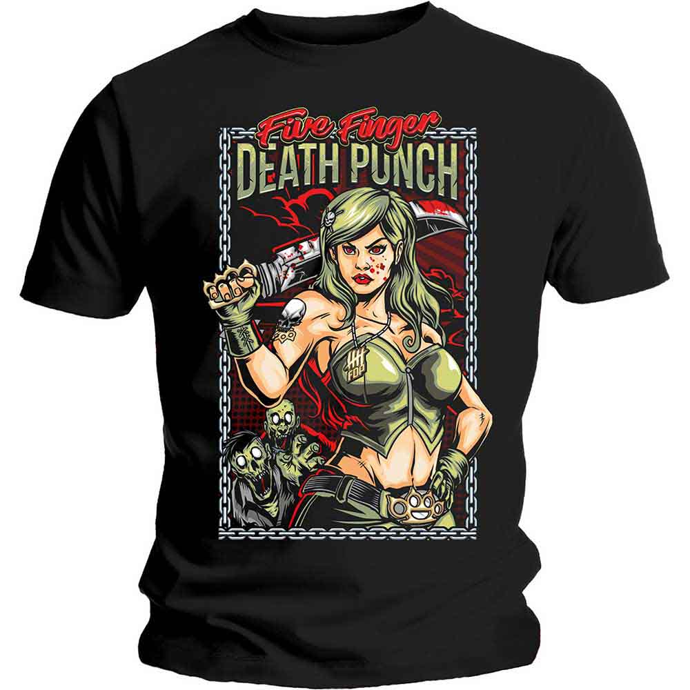 Black t-shirt with a graphic of a woman wielding an axe against zombies.