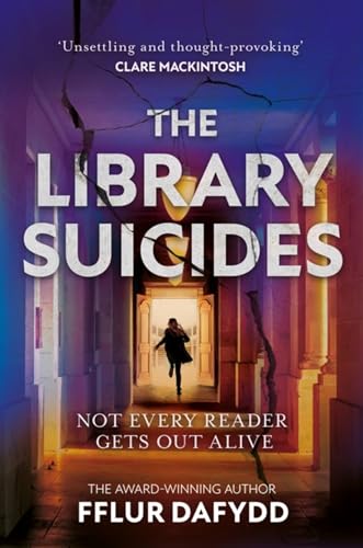 Book cover for The Library Suicides showing a person running through a cracked library hallway.