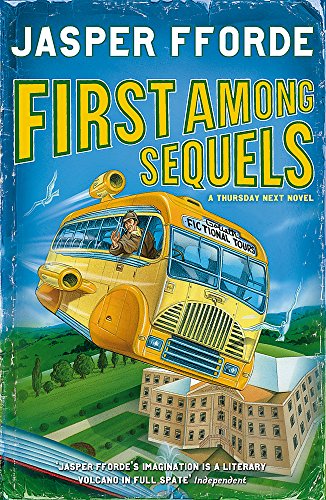 Book cover showing a yellow flying bus over a building, titled First Among Sequels.